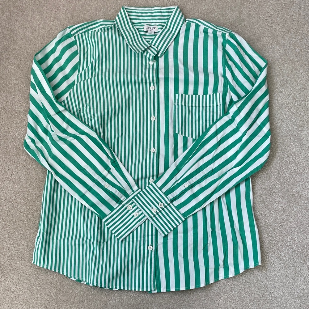 J. Crew  Green and White Striped Shirt. Size large. NWT